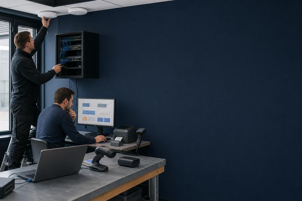 Illustratieve WiFi-installateurs die accesspoints, bekabeling, scanners en printers voor kantoor en werkvloer in gebruik nemen