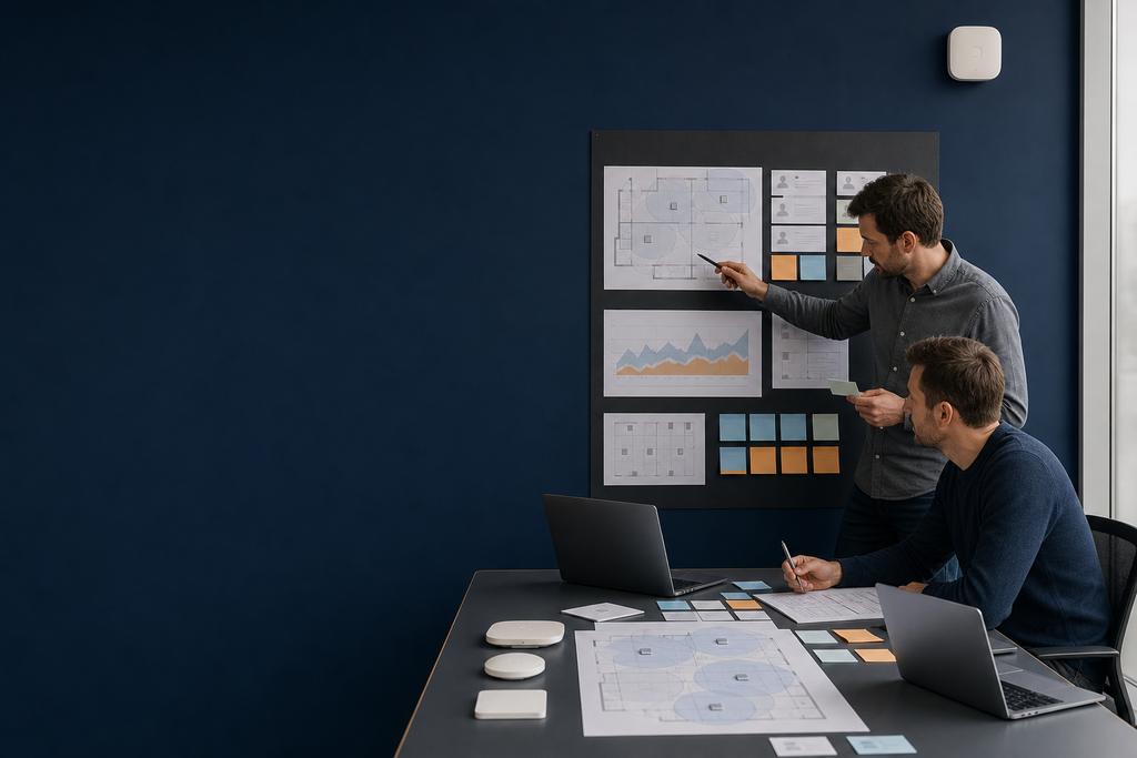 Illustratieve WiFi-specialisten die gebruikersgroei, draadloze capaciteit en netwerkbelasting op een planbord beoordelen