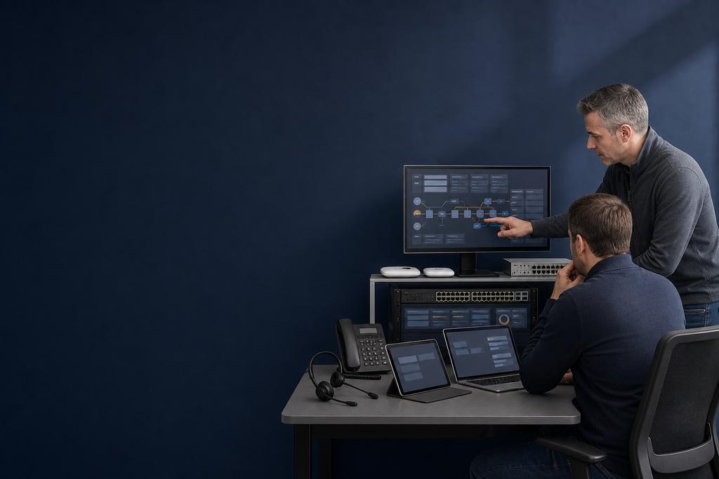 Illustratieve WiFi-specialisten die gelijktijdige Teams-, video- en VoIP-gesprekken per bedrijfszone plannen