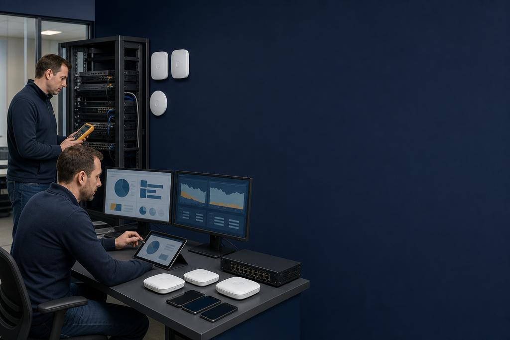 Illustratieve WiFi-specialisten die zendtijd, kanaalgebruik en actieve apparaten per radiocel plannen