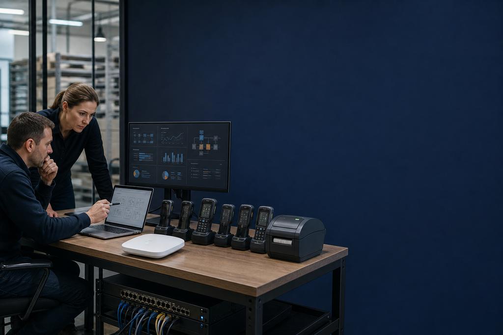 Illustratieve ICT-specialisten die WiFi-capaciteit voor laptops, handscanners en printers op kantoor en werkvloer plannen