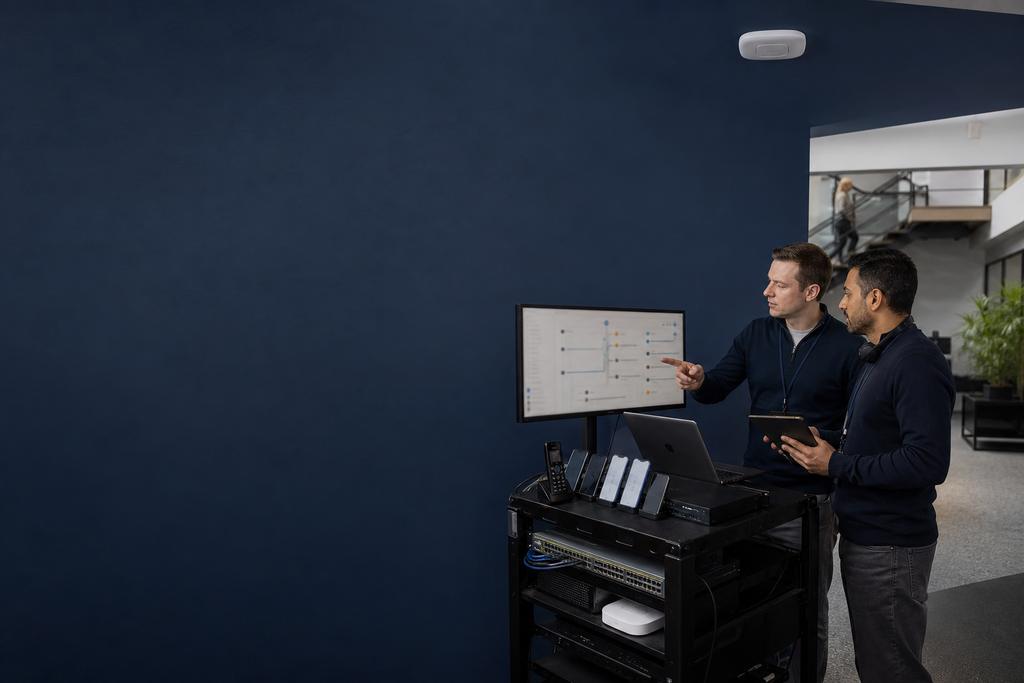 Illustratieve WiFi-specialisten die veilige netwerkrollen voor medewerkers, gasten en bedrijfsapparaten per zone controleren