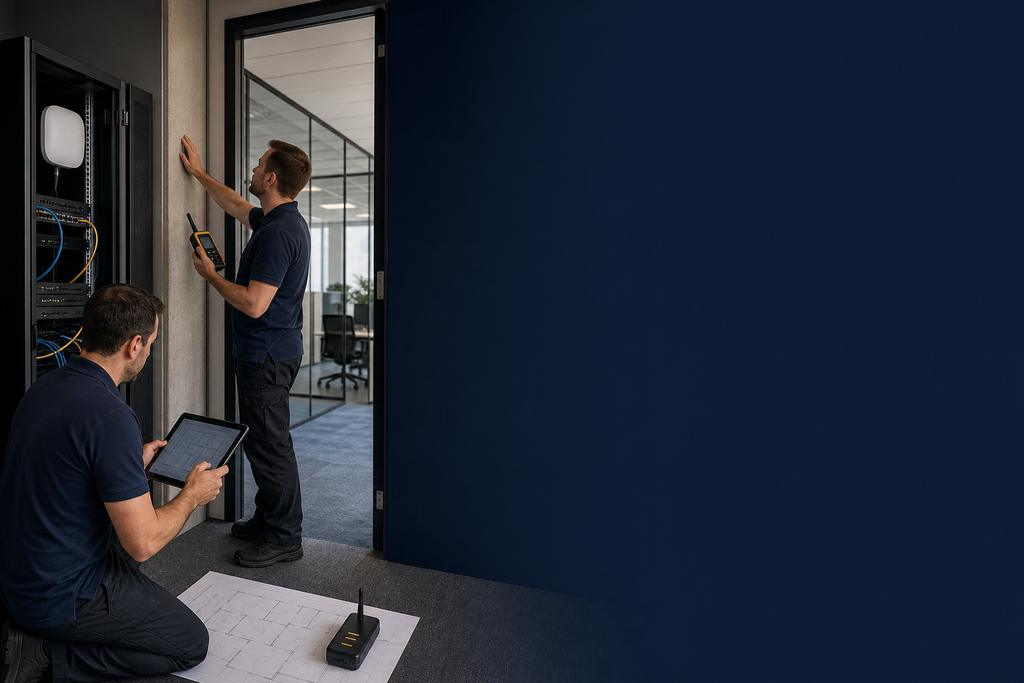 Illustratieve WiFi-specialisten die met meetapparatuur de invloed van muren, glas en deuren op draadloze dekking onderzoeken