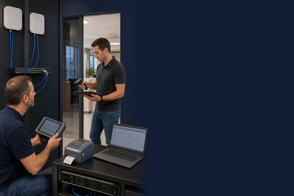 Illustratieve ICT-specialisten die laptops, handscanners en printers langs kantoor- en werkvloerroutes op WiFi-dekking controleren
