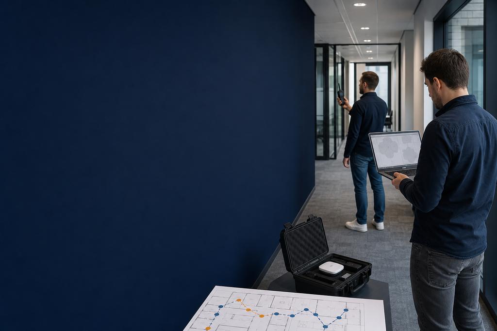 Illustratieve WiFi-specialisten die met een plattegrond en meetapparatuur bruikbare dekking per bedrijfszone beoordelen