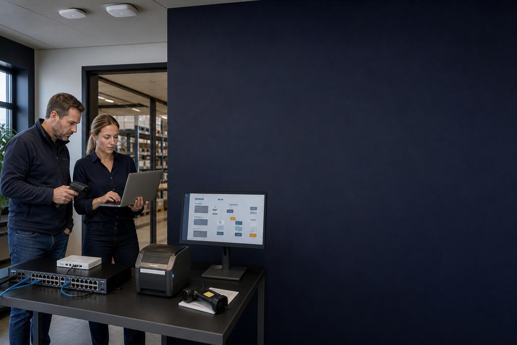 Illustratieve WiFi-specialisten die laptop-, scanner- en printroutes tussen kantoor en werkvloer testen