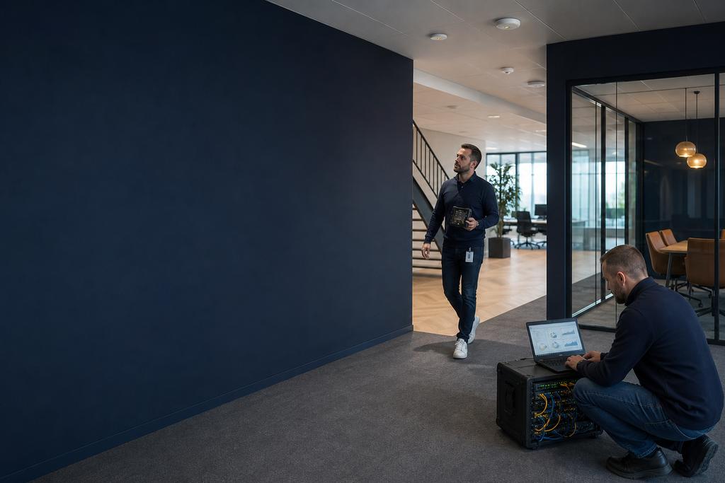 Illustratieve WiFi-specialisten die werkzones, apparaten en draadloze routes in een bedrijfsgebouw beoordelen