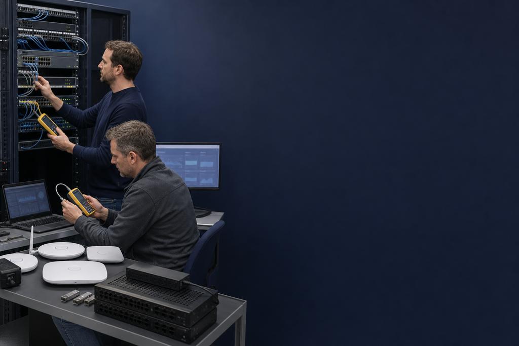 Illustratieve WiFi-beheerders die accesspointinventaris, radio’s, roaming, firmware en vervanging controleren