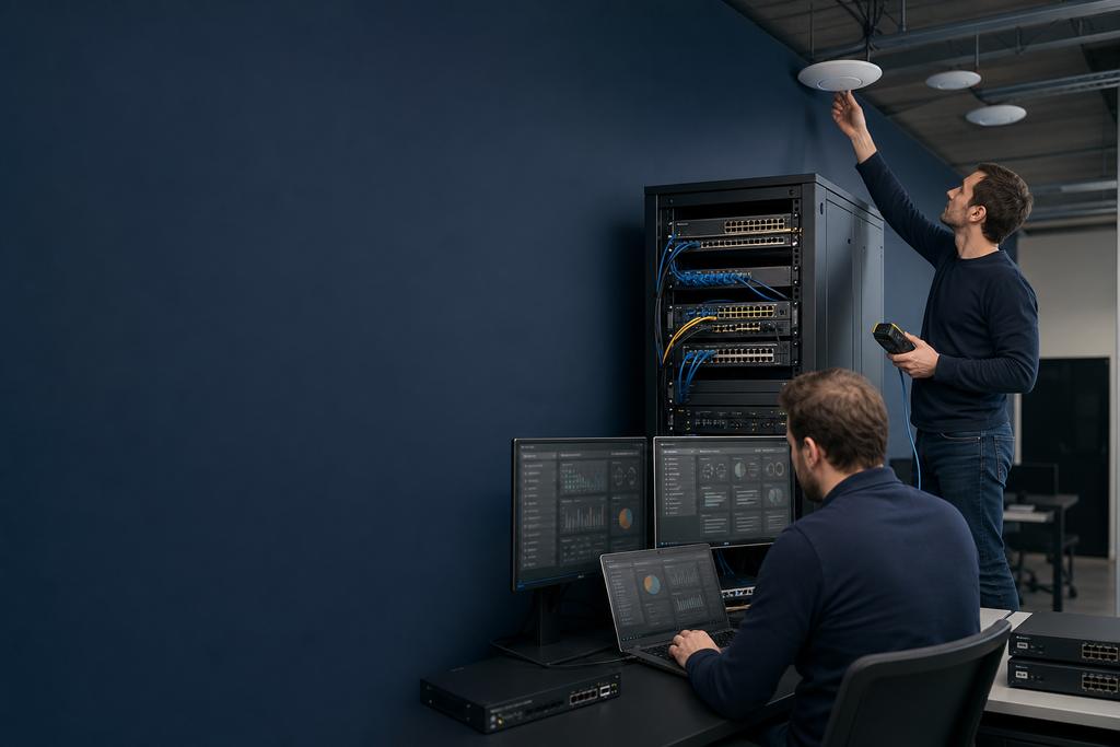 Illustratieve WiFi-beheerders die accesspoints, controller, switches, PoE en monitoring van een zakelijke infrastructuur controleren