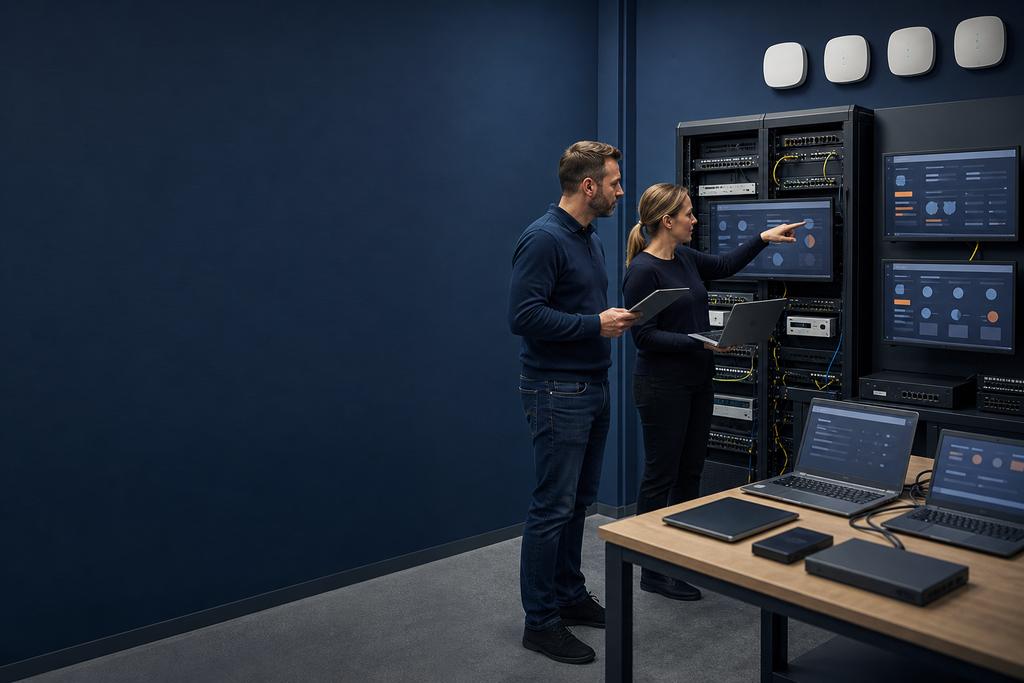 Illustratieve wireless- en securitybeheerders die industriële accesspoints, voeding en netwerkzones controleren