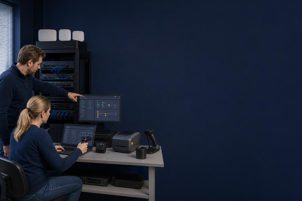 Illustratieve WiFi-beheerders die accesspoints, switches, PoE, scanners, printers en monitoring controleren