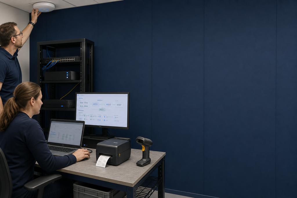 Illustratieve WiFi-specialisten die accesspoints, bekabeling, scanners en printers voor kantoor en werkvloer als één oplossing beoordelen