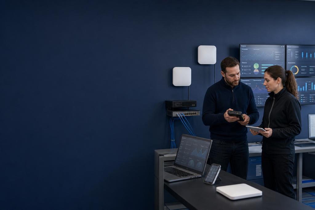 Illustratieve WiFi-specialisten die belangrijke taken, gedeelde faalpunten, reserves en herstelopties van een installatie beoordelen
