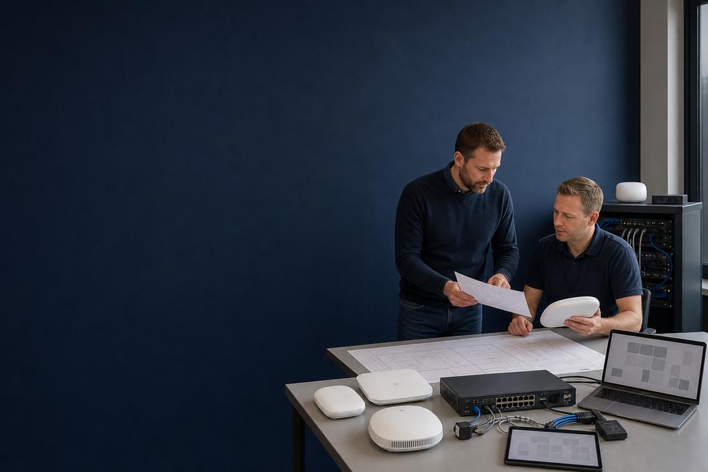 Illustratieve WiFi-specialisten die bedrijfsbehoefte, accesspoints, bekabeling en beheer van een complete professionele installatie bespreken
