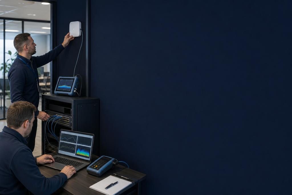 Illustratieve WiFi-specialisten die een accesspoint, netwerkkabel, PoE-voeding en switchpoort controleren