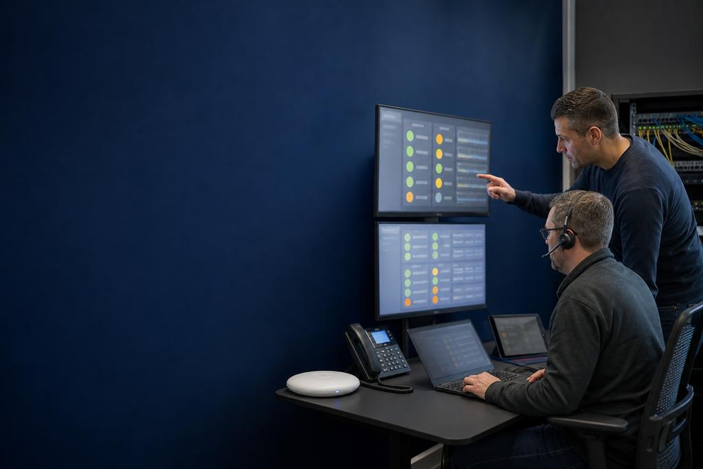 Illustratieve ICT-specialisten die een Microsoft Teams-gesprek en WiFi-kwaliteit op een zakelijke laptop onderzoeken
