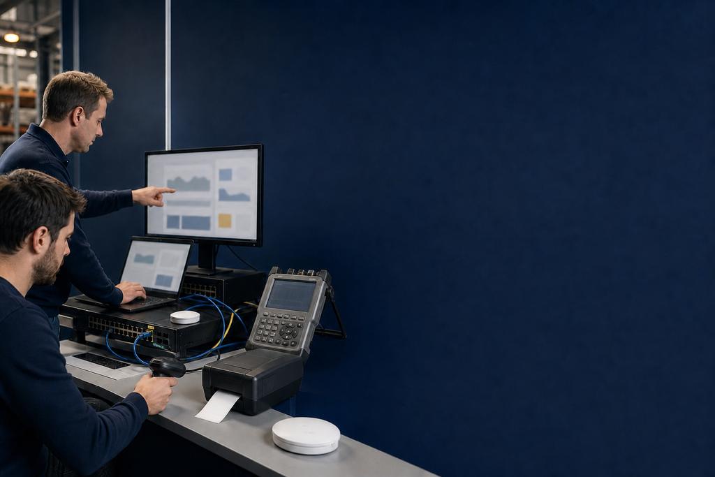 Illustratieve WiFi-specialisten die laptop, telefoon en handscanner op een route tussen kantoor en werkvloer testen