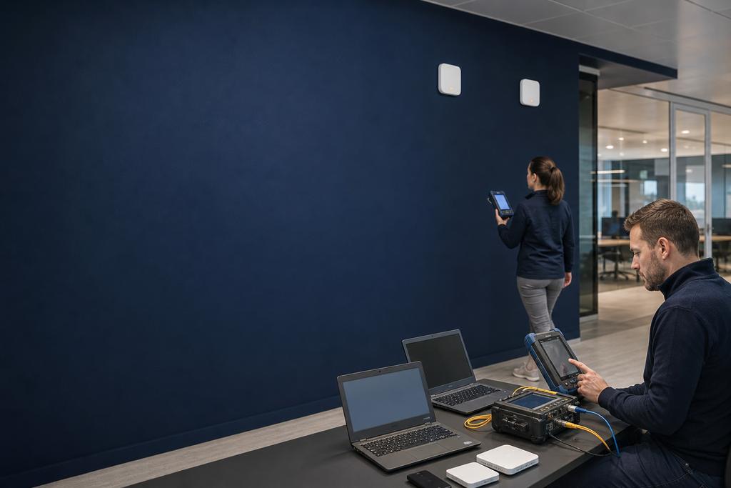 Illustratieve WiFi-specialisten die met scanner en meetlaptop vaste overgangspunten tussen kantoor en opslag meten