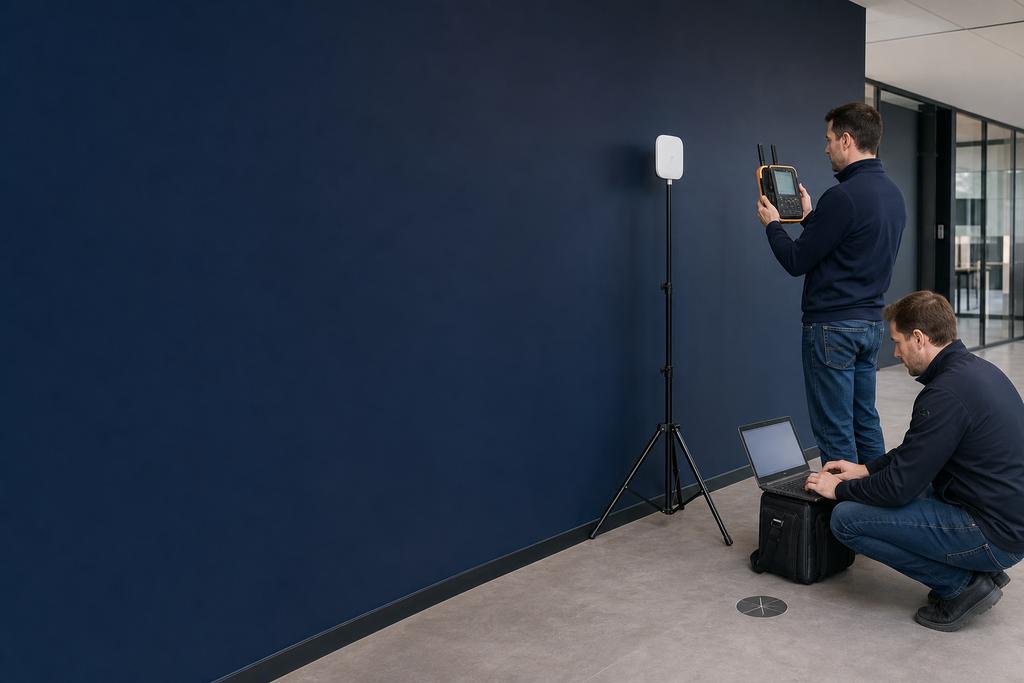 Illustratieve WiFi-specialisten die met meetapparatuur vaste punten en ruwe draadloze waarden in een bedrijfsgebouw vastleggen