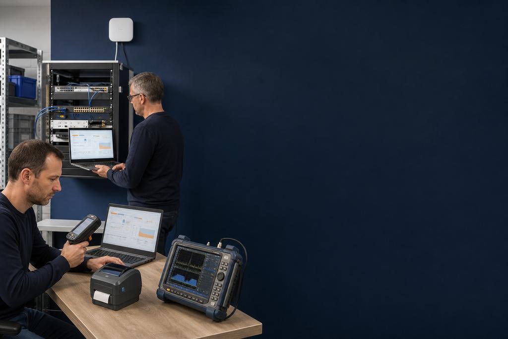 Illustratieve WiFi-specialisten die met meetapparatuur en handscanner de draadloze route tussen kantoor en werkvloer controleren