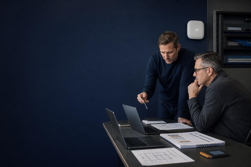 Illustratieve ICT-specialisten die de instellingen en werking van een zakelijk WiFi-netwerk onafhankelijk controleren