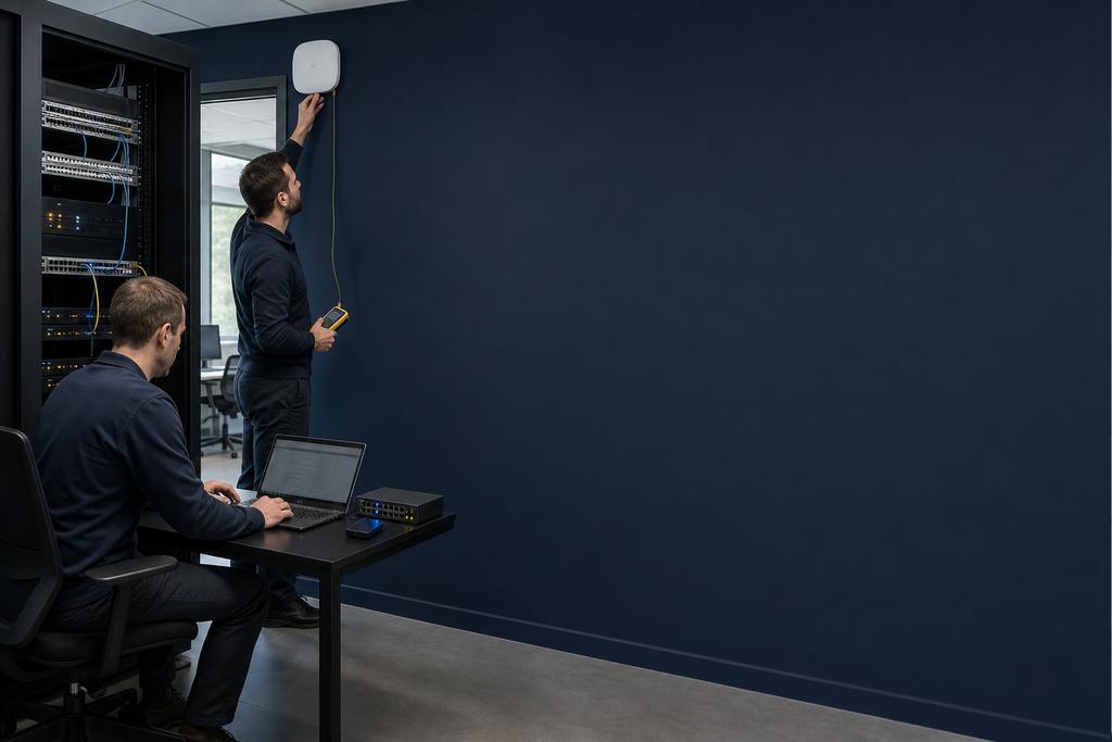 Illustratieve ICT-specialisten die een WiFi-accesspoint via bekabeling, switch en toepassing tijdens een audit volgen