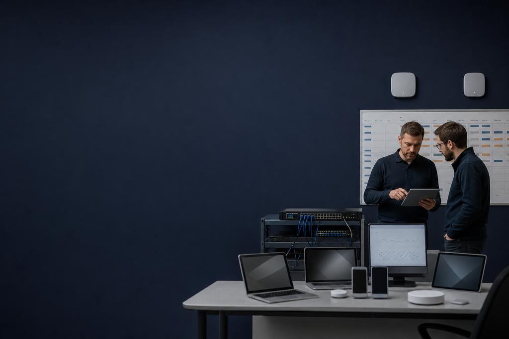 Illustratieve ICT-specialisten die WiFi-reserves, monitoring en herstel tot een werkende bedrijfstaak controleren