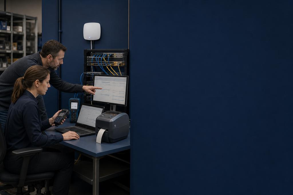 Illustratieve WiFi-specialisten die accesspoints, bekabeling, netwerkrollen en apparaten tussen kantoor en werkvloer auditen