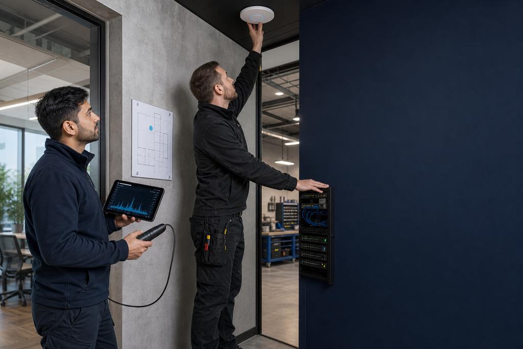 Illustratieve ICT-specialisten die verkeersbeleid, uplinks, accesspoints en groeiscenario’s vergelijken voor zakelijke WiFi-capaciteit