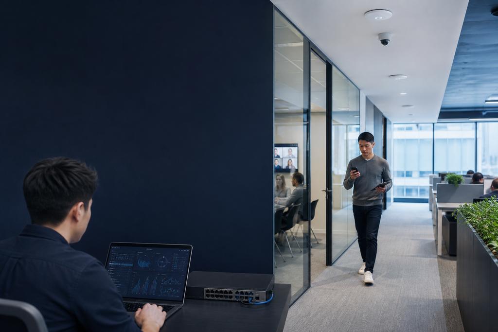 Illustratieve ICT-specialisten die WiFi-oplossingen voor werkpunten en looproutes over meerdere kantoorverdiepingen vergelijken