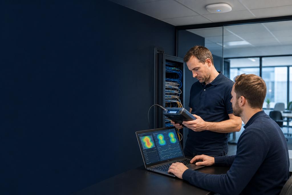 Illustratieve ICT-specialisten die zakelijke accesspoint-configuratie met een nulmeting en praktijktest controleren