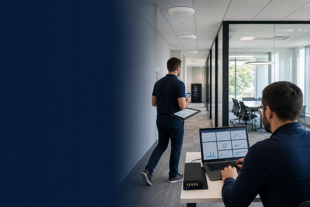 Illustratieve ICT-specialisten die na accesspoint-configuratie roaming, veilige toegang en een zakelijke werkroute testen