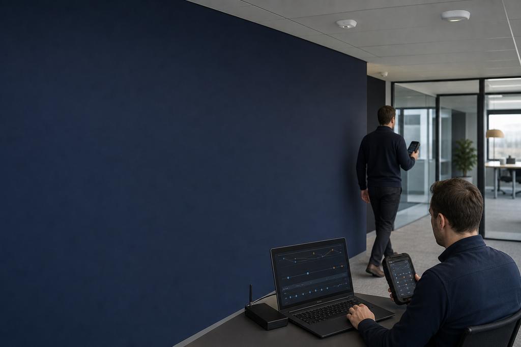 Illustratieve WiFi-specialisten die een laptop en telefoon tijdens een accesspointwissel langs een kantoorroute onderzoeken