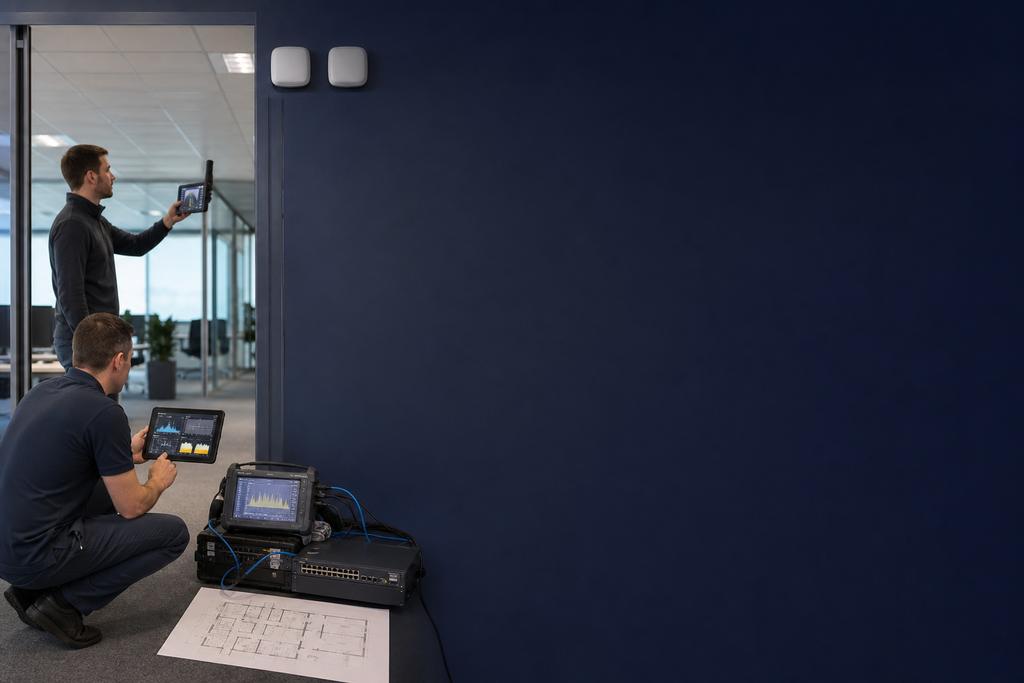 Illustratieve WiFi-specialisten die een accesspointwissel en radiobelasting tijdens een druk kantoor- of vergadermoment vergelijken