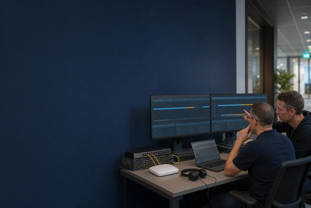 Illustratieve WiFi-specialisten die accesspointselectie, veilige sessies en taakherstel tijdens gecontroleerde uitval volgen