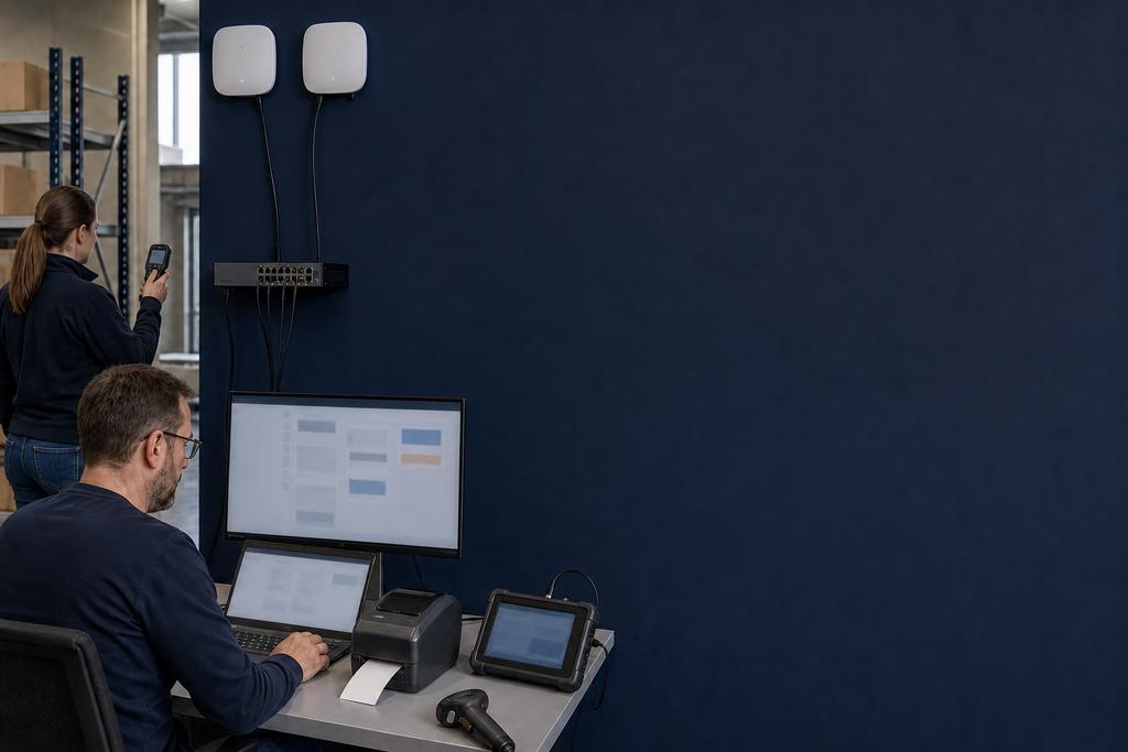 Illustratieve WiFi-specialisten die met laptop en handscanner een accesspointwissel tussen kantoor en werkvloer onderzoeken
