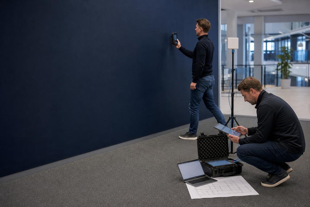 Illustratieve WiFi-specialisten die met meetapparatuur een werkplek, looproute en accesspoint in een bedrijfsgebouw onderzoeken