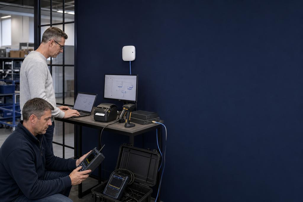 Illustratieve WiFi-specialisten die met meetapparatuur en scanner de route tussen kantoor en werkvloer onderzoeken