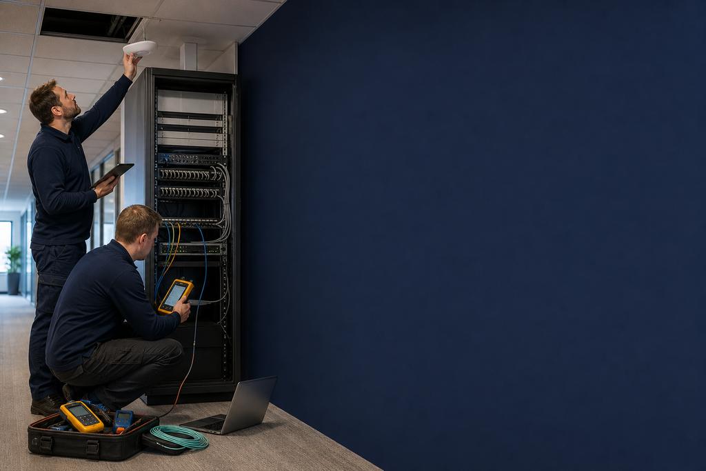 Illustratieve WiFi-specialisten die zendtijd, apparaten en netwerkcapaciteit tijdens een begrensde proef in een bedrijfsruimte meten