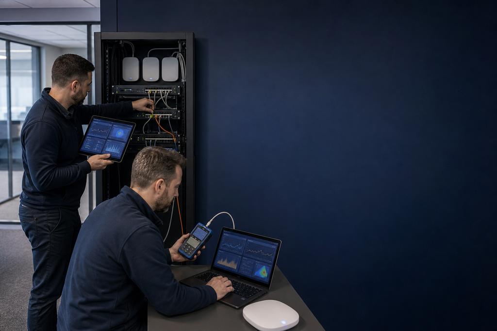 Illustratieve WiFi-specialisten die tijdens een storing spectrum, kanalen en uitval van een zakelijke werkzone vergelijken