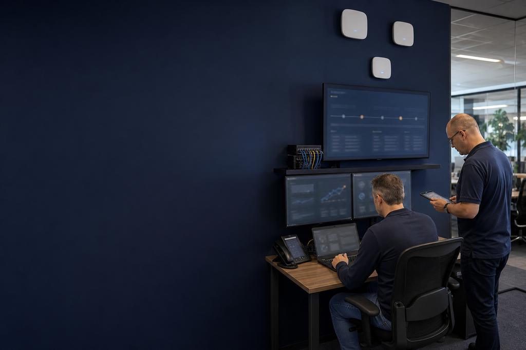 Illustratieve ICT-specialisten die tijdens een zakelijke WiFi-storing gebruikersimpact, accesspoints en netwerkherstel volgen