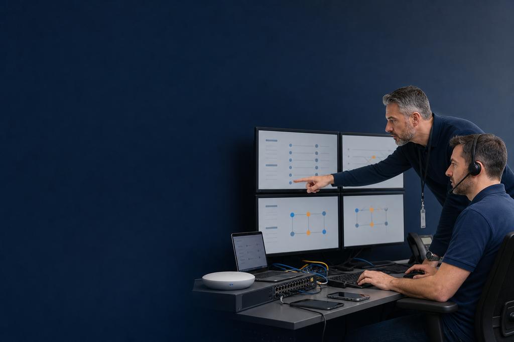 Illustratieve ICT-specialisten die tijdens een WiFi-storing lokale accesspoints met een centraal controllerdashboard vergelijken