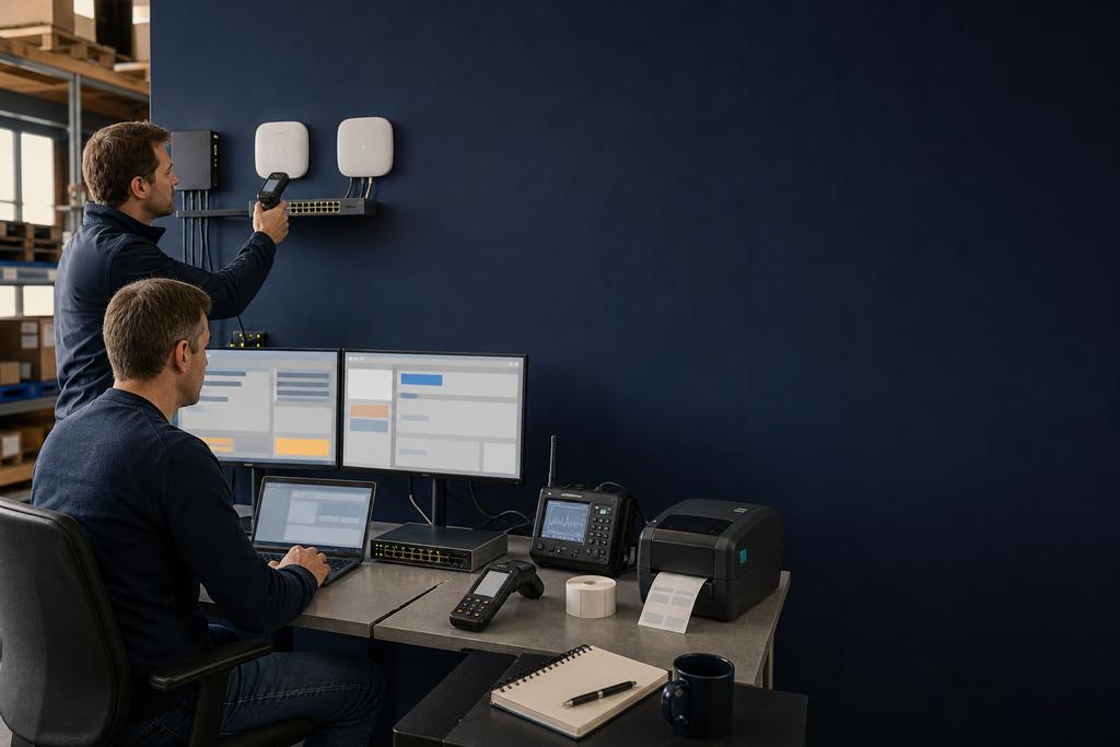 Illustratieve WiFi-specialisten die laptops en handscanner tijdens een zakelijke netwerkstoring controleren