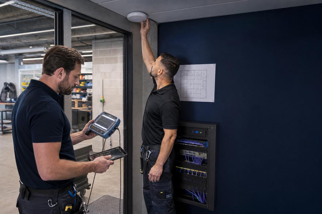Illustratieve ICT-specialisten die kabels, PoE-voeding en switchaansluitingen controleren om zakelijke WiFi duurzaam te verbeteren
