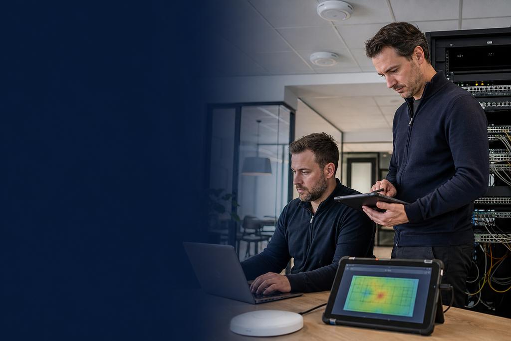 Illustratieve ICT-specialisten die WiFi-klachten vertalen naar een geprioriteerd verbeterplan voor een zakelijke werkomgeving