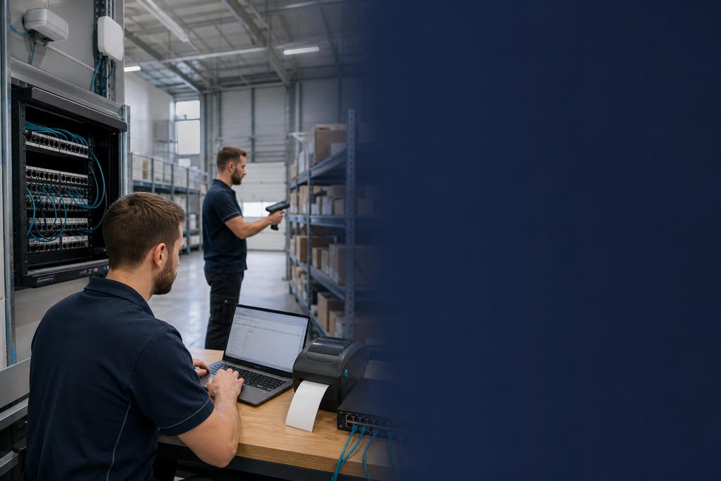 Illustratieve ICT-specialisten die een mobiele scannerroute van WiFi-verbinding tot serverbevestiging verbeteren