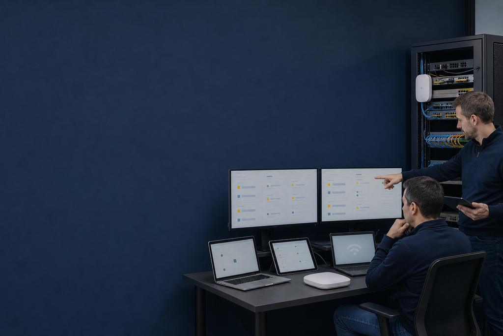 Illustratieve ICT-specialisten die onderzoeken waarom een bedrijfsapparaat geen toegestane applicatieroute via WiFi krijgt