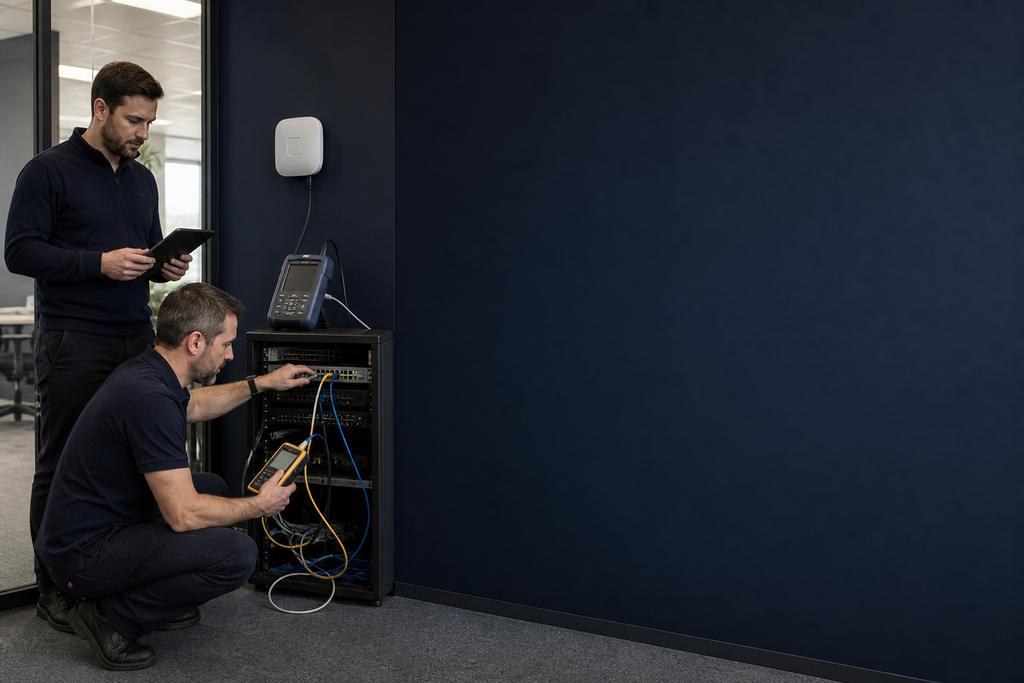 Illustratieve WiFi-specialisten die onderzoeken waarom nieuwe zakelijke apparaten tijdens drukte geen verbinding krijgen