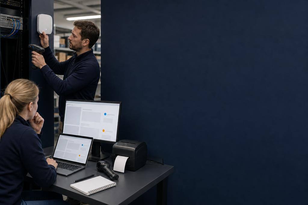 Illustratieve WiFi-specialisten die op laptop en handscanner onderzoeken waarom de zakelijke verbinding niet werkt