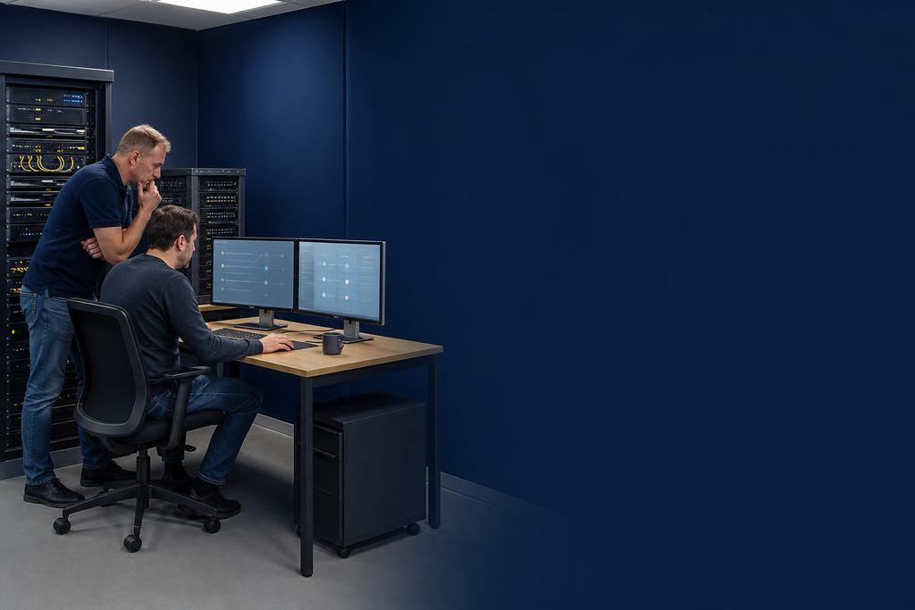 Illustratieve Windows-specialist en data-eigenaar die domeinrollen, DNS, groepen, bestanden en migratietest vergelijken